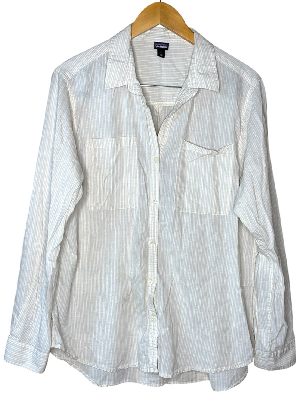 💚🌸 Patagonia Womens White Striped Button Front Shirt Large Organic Cotton